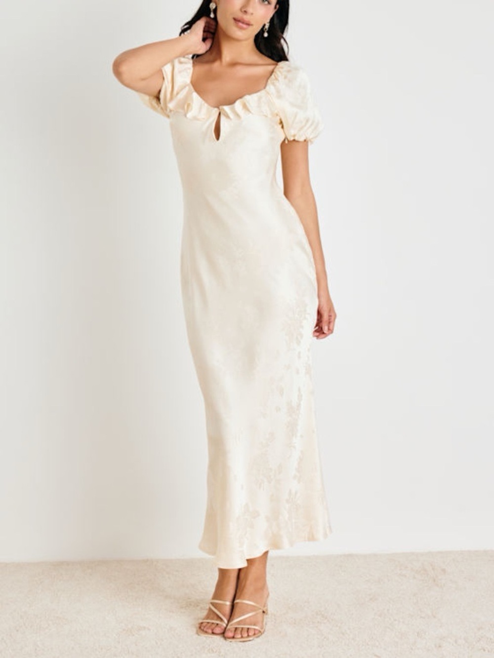 Lulus Farina Cream Floral Jacquard Puff Sleeve Maxi Dress NWT